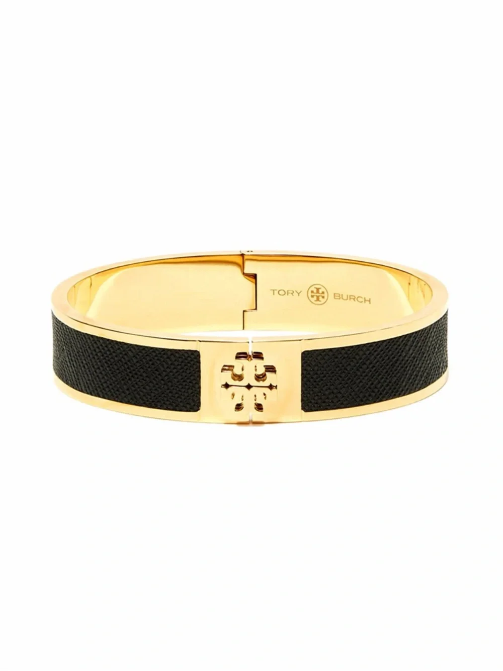 TORY BURCH Gold & Black Enamel Leather Hinged Bangle with Signature 3D Gold Logo